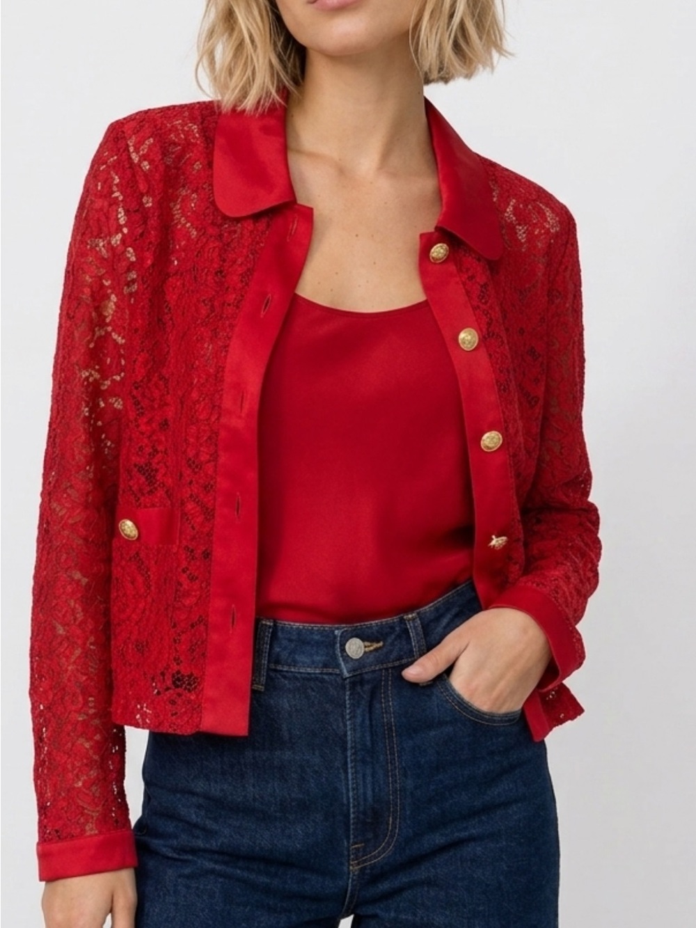 J. Crew Red Lace Satin-Trim Blazer with Matching Satin Shirt